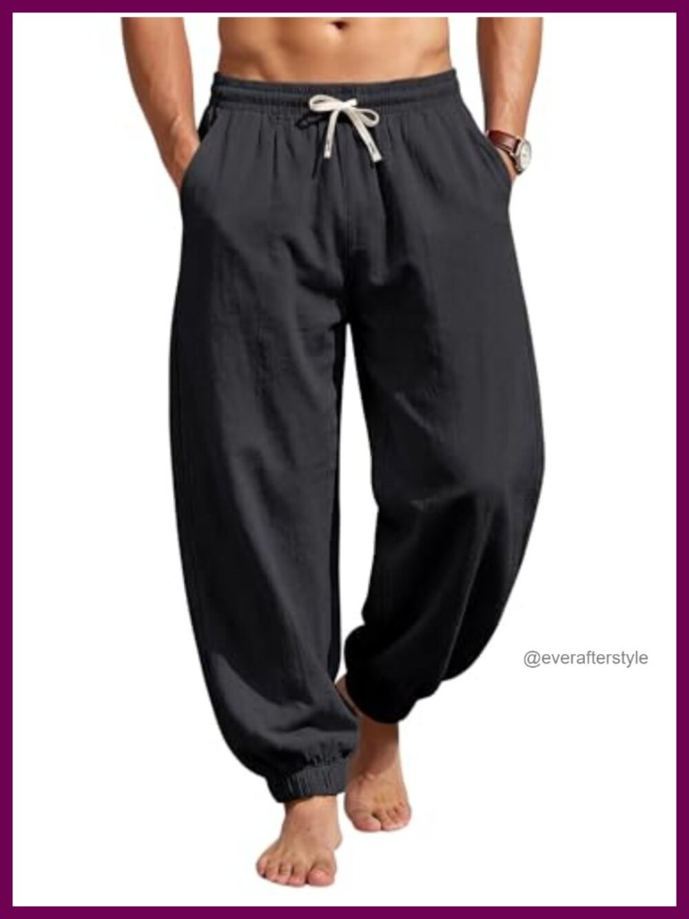 Mens Cotton Linen Casual Lantern Pants Elastic Waist Jogger Trousers with